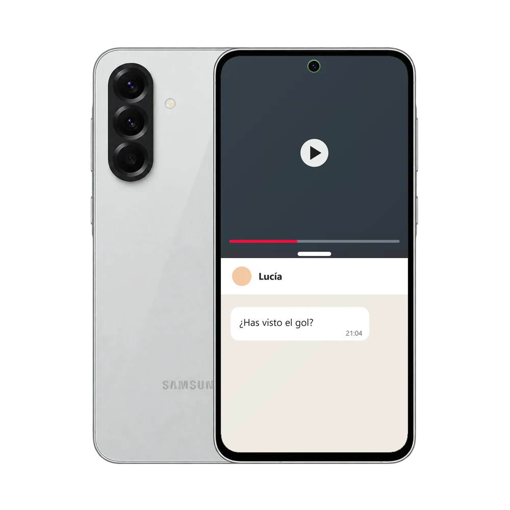 Samsung Galaxy A56 5G con la pantalla dividida: un vídeo arriba y un chat abajo