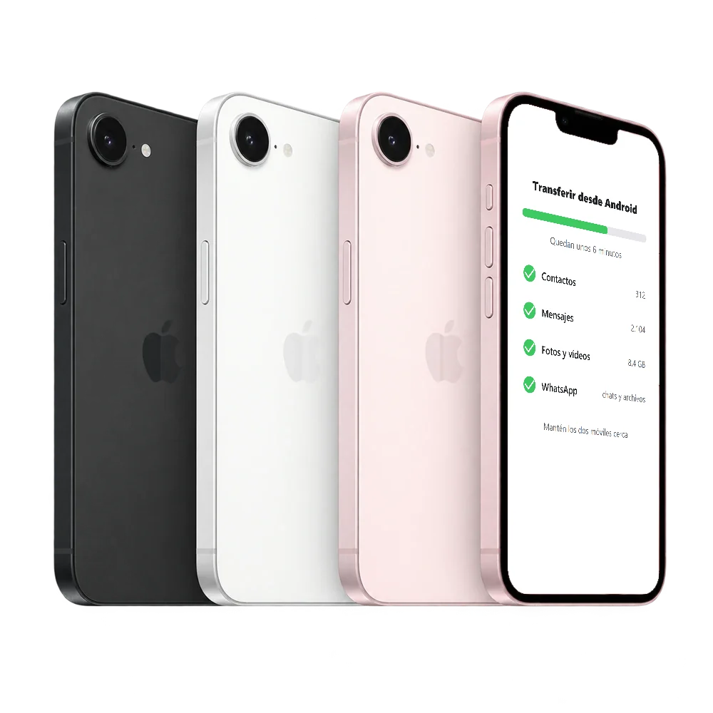 iPhone 17e recibiendo datos desde Android con contactos, mensajes, fotos y WhatsApp marcados y una barra de progreso