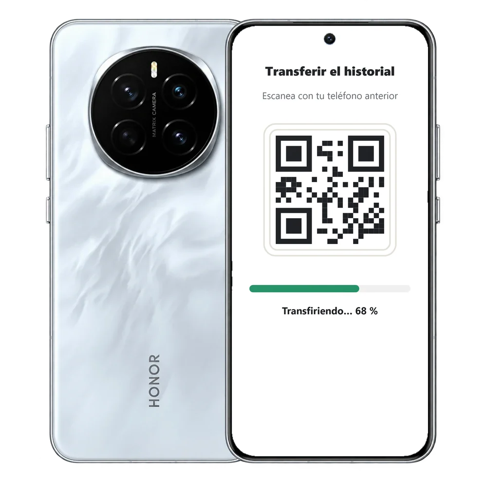 HONOR Magic7 con la pantalla Transferir el historial de WhatsApp y su código QR