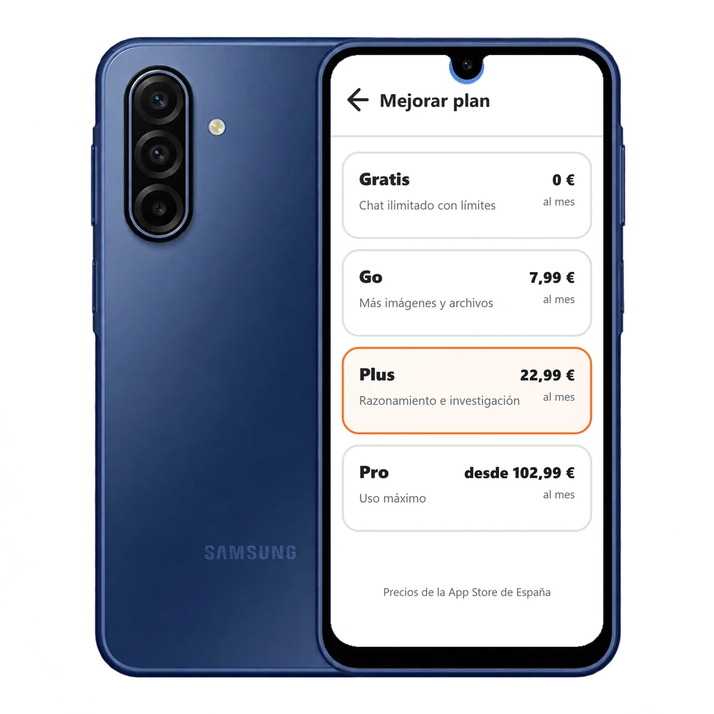 Samsung Galaxy A17 5G con la pantalla Mejorar plan de ChatGPT y los precios de Gratis, Go, Plus y Pro