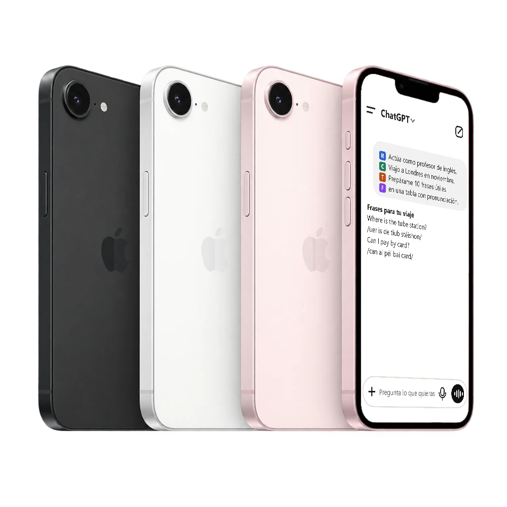 iPhone 17e con ChatGPT y un prompt que marca rol, contexto, tarea y formato para preparar frases de viaje en inglés