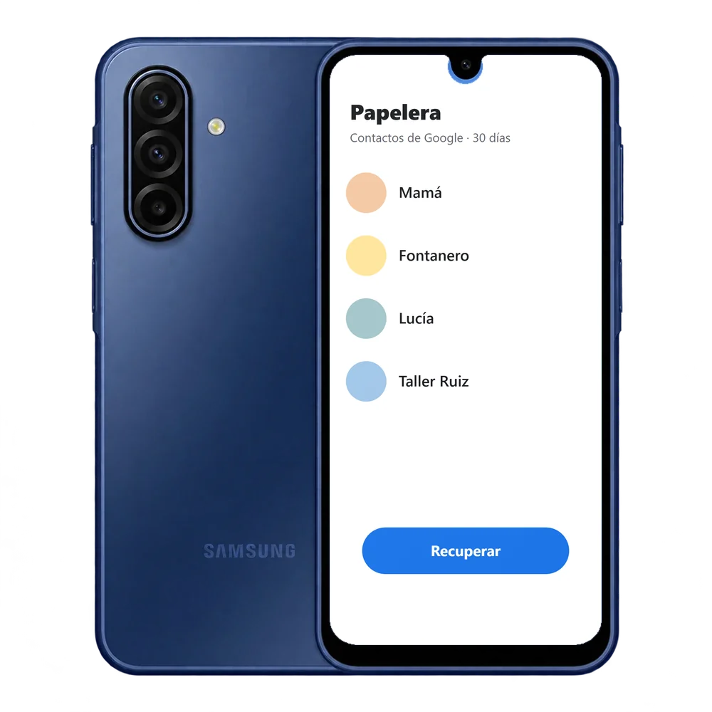 Samsung Galaxy A17 5G con la papelera de Contactos de Google y el botón Recuperar