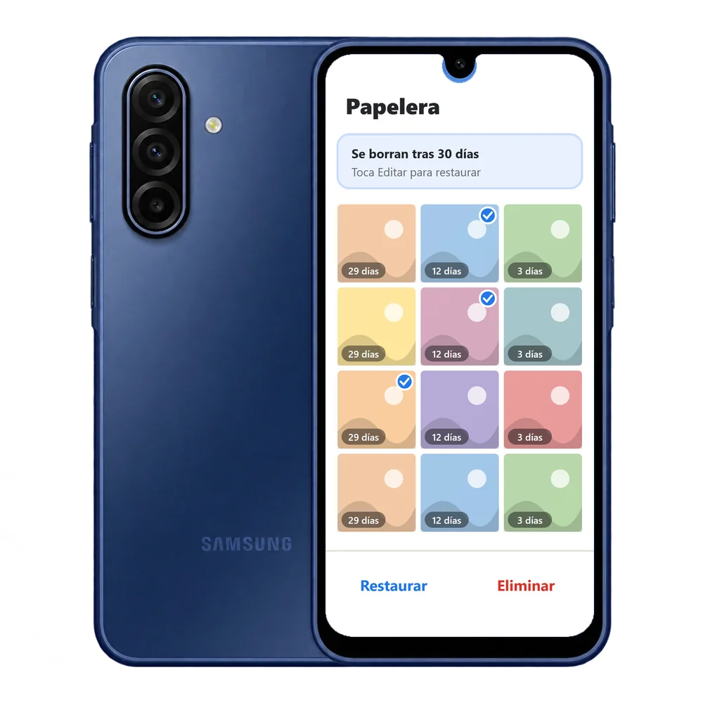 Samsung Galaxy A17 5G con la Papelera de la Galería, fotos marcadas y el botón Restaurar
