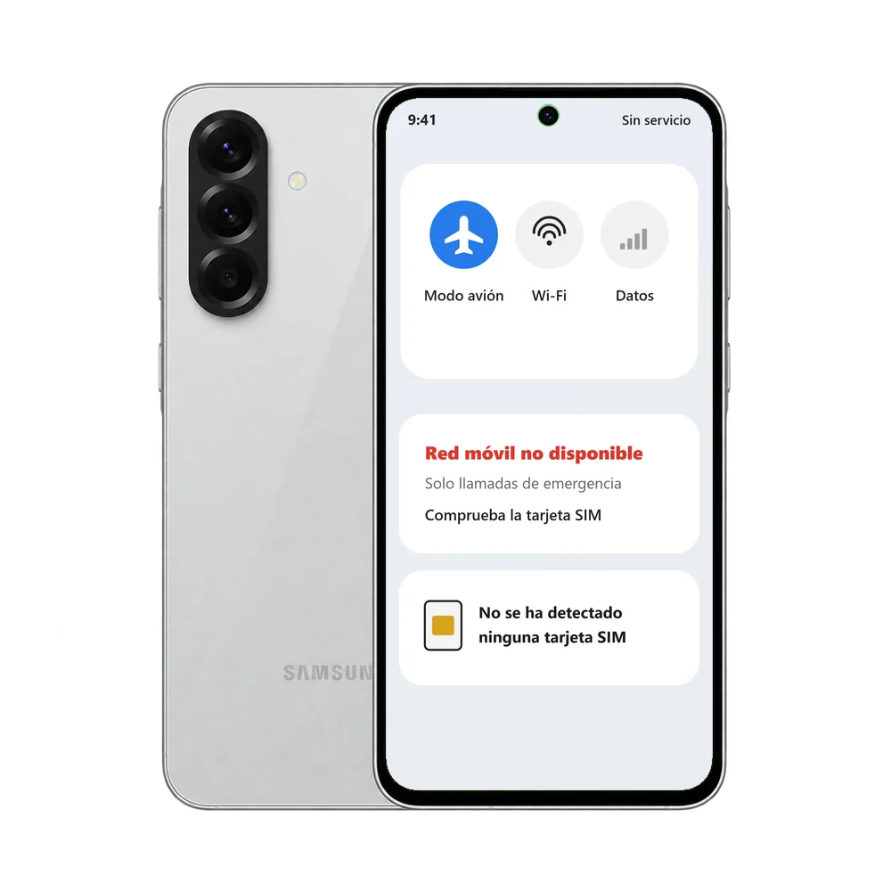 Samsung Galaxy A56 5G con el aviso Red móvil no disponible y No se ha detectado ninguna tarjeta SIM