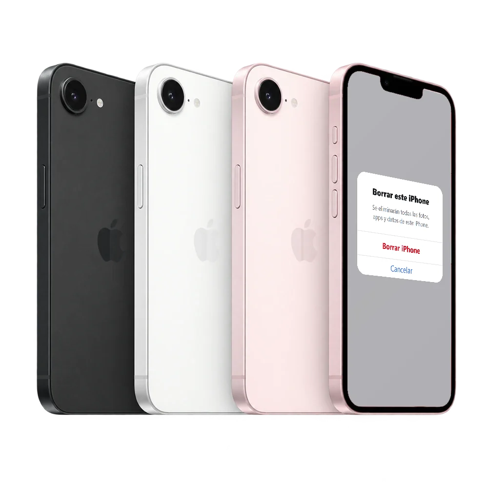 iPhone 17e con el aviso Borrar este iPhone y los botones Borrar iPhone y Cancelar