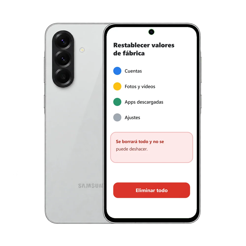 Samsung Galaxy A56 5G con la pantalla Restablecer valores de fábrica y el botón Eliminar todo