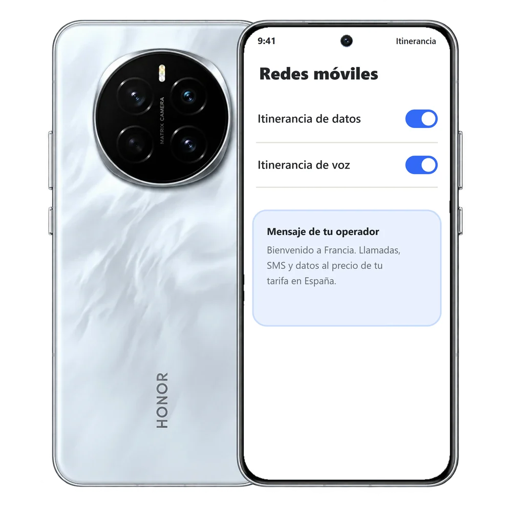HONOR Magic7 con Itinerancia de datos activada y el mensaje de bienvenida del operador