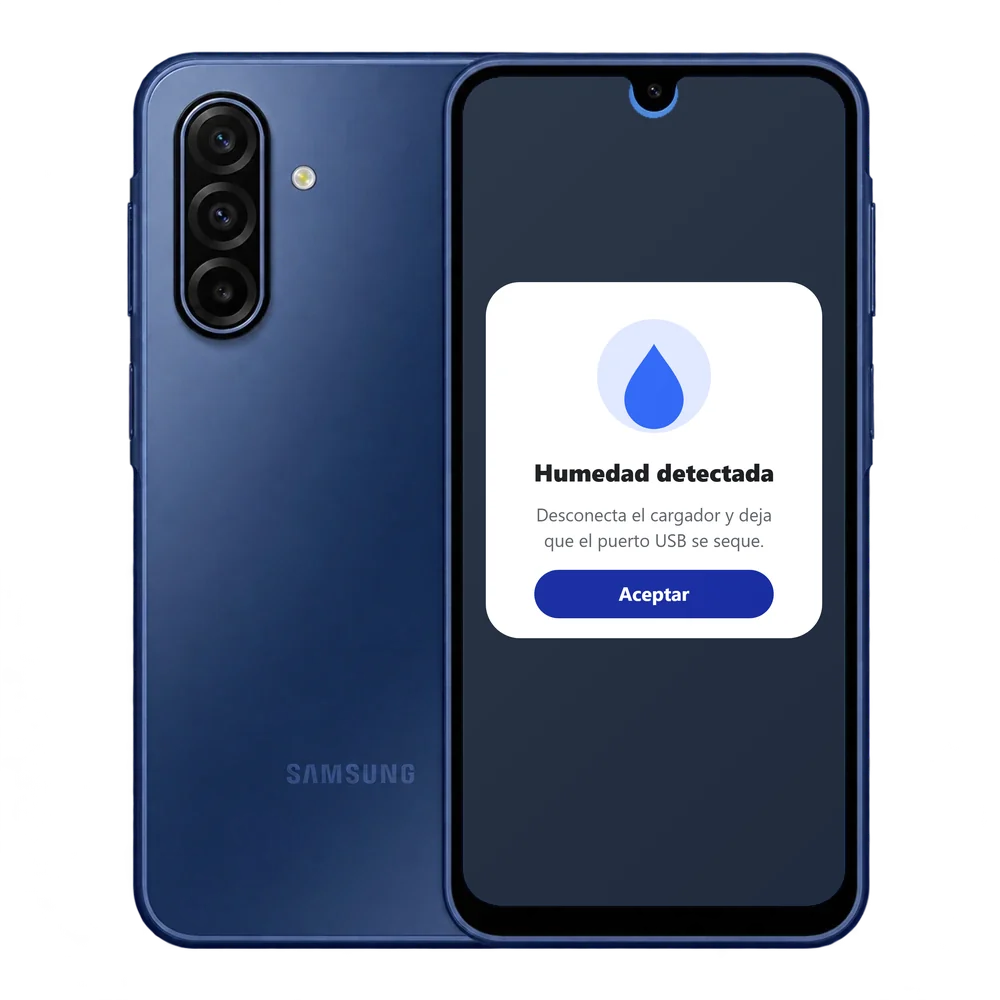 Samsung Galaxy A17 5G con el aviso Humedad detectada y el icono de la gota de agua