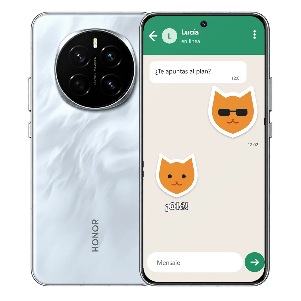 HONOR Magic7 con un chat de WhatsApp en el que se envían stickers de un gato naranja, uno con gafas de sol y otro con el texto ¡Olé!