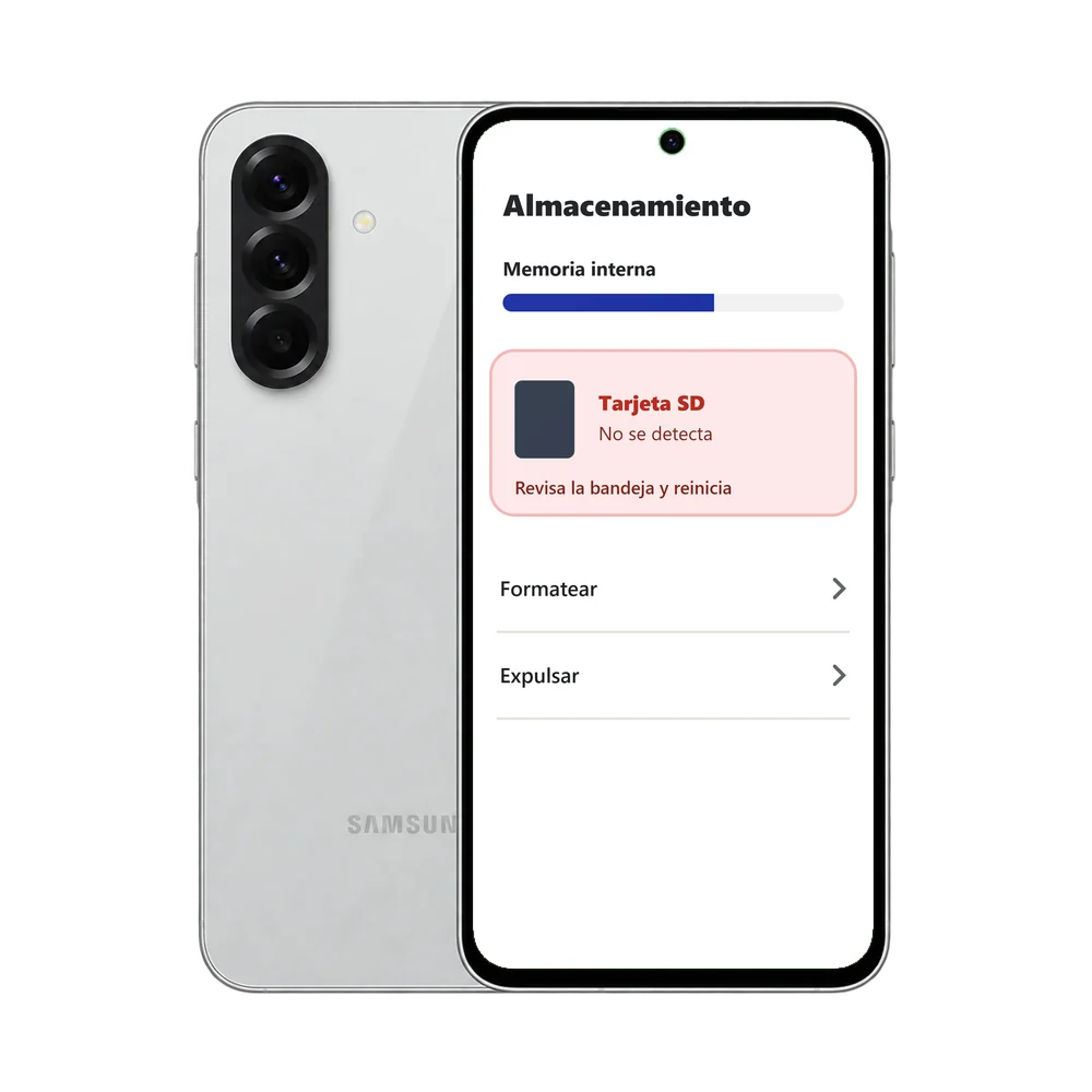 Samsung Galaxy A56 5G con el aviso de que la tarjeta SD no se detecta
