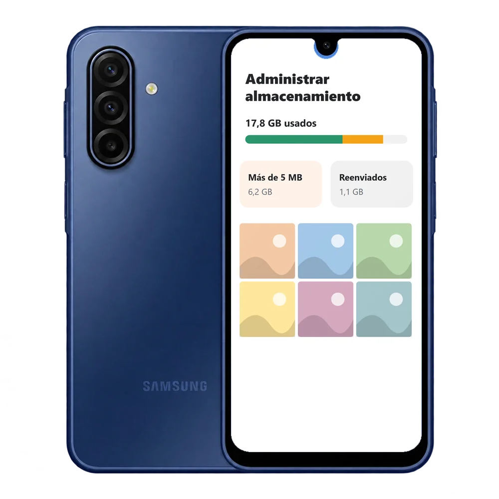 Samsung Galaxy A17 5G con Administrar almacenamiento de WhatsApp: 17,8 GB usados y archivos de más de 5 MB