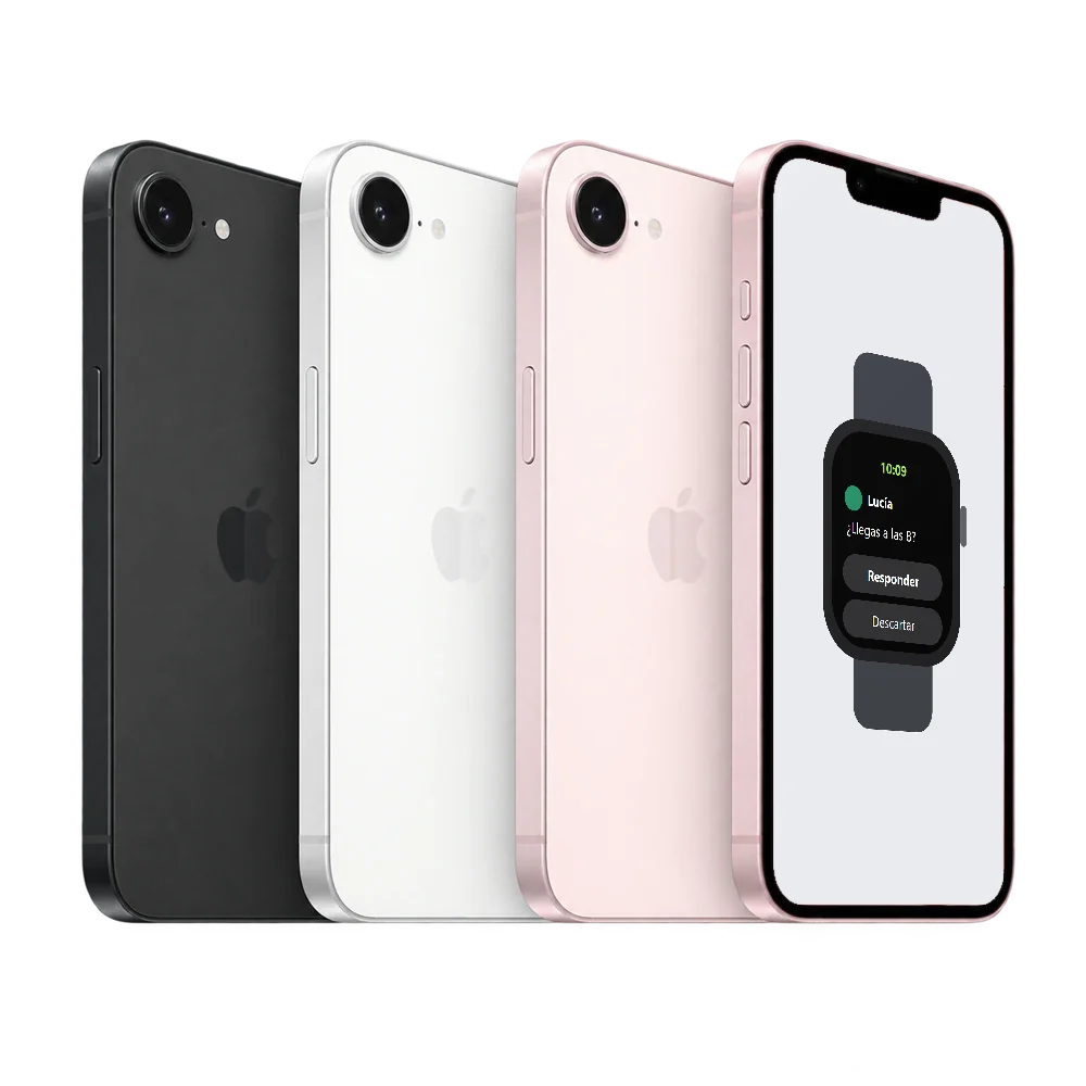 Apple Watch con un mensaje de WhatsApp y el botón Responder, sobre la pantalla de un iPhone 17e