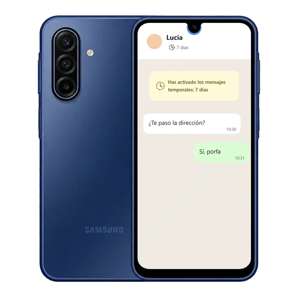 Samsung Galaxy A17 5G con un chat de WhatsApp con los mensajes temporales activados a 7 días