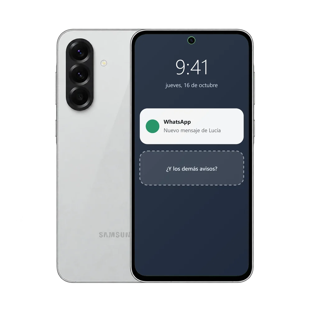 Samsung Galaxy A56 5G con la pantalla de bloqueo y una sola notificación de WhatsApp