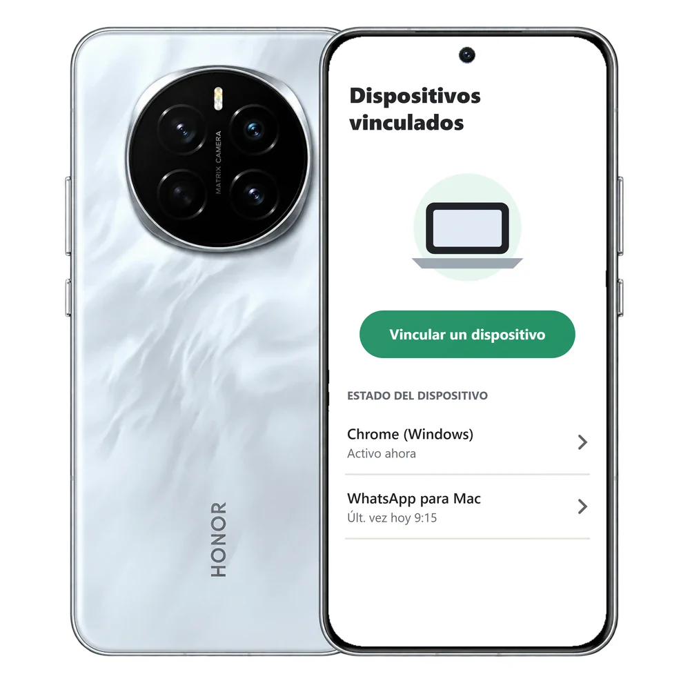 HONOR Magic7 con la pantalla Dispositivos vinculados de WhatsApp y el botón Vincular un dispositivo