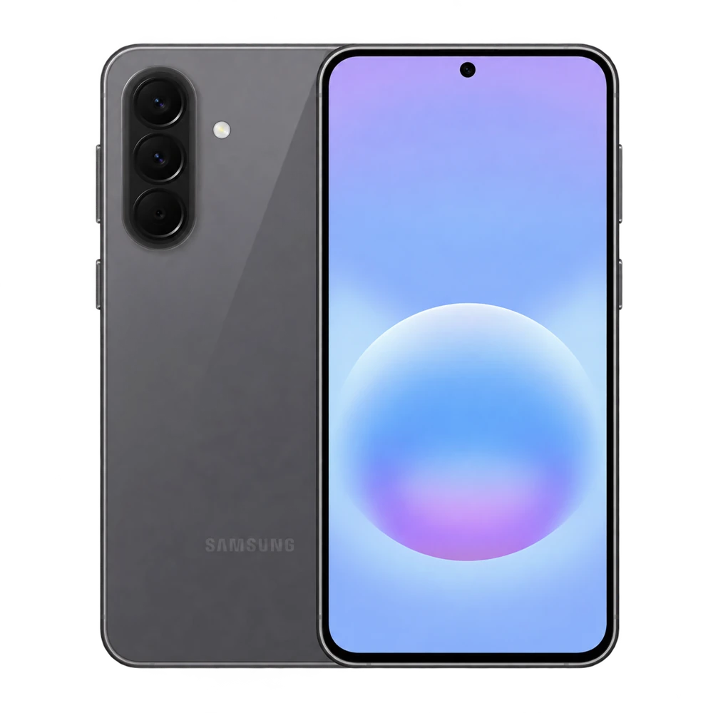 Samsung Galaxy A57 5G gris, visto de frente y por detrás
