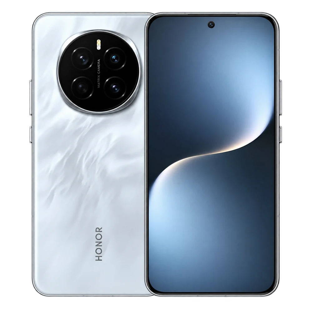 HONOR Magic7 blanco visto de frente y por detrás, con módulo circular de cámaras