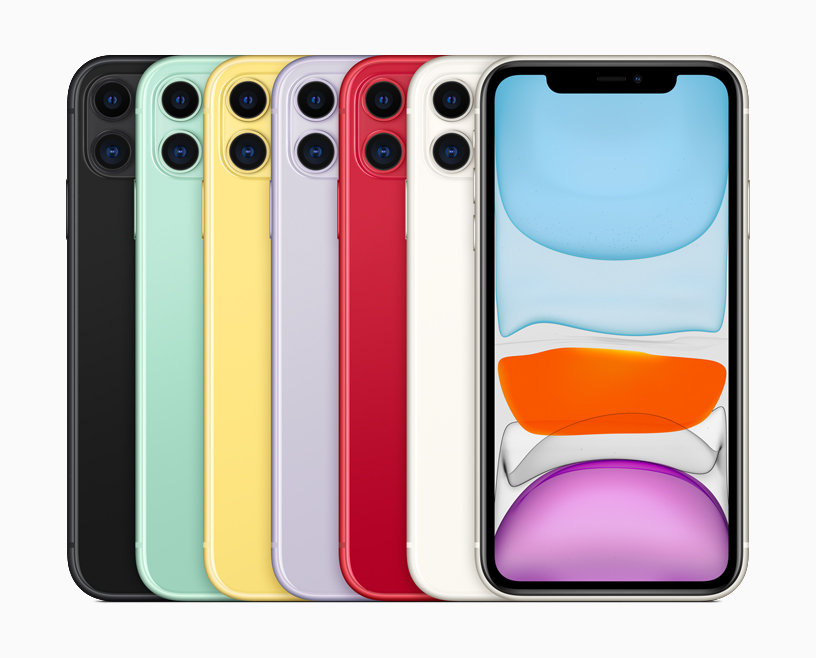 iPhone 11 en sus seis colores y vista de la pantalla